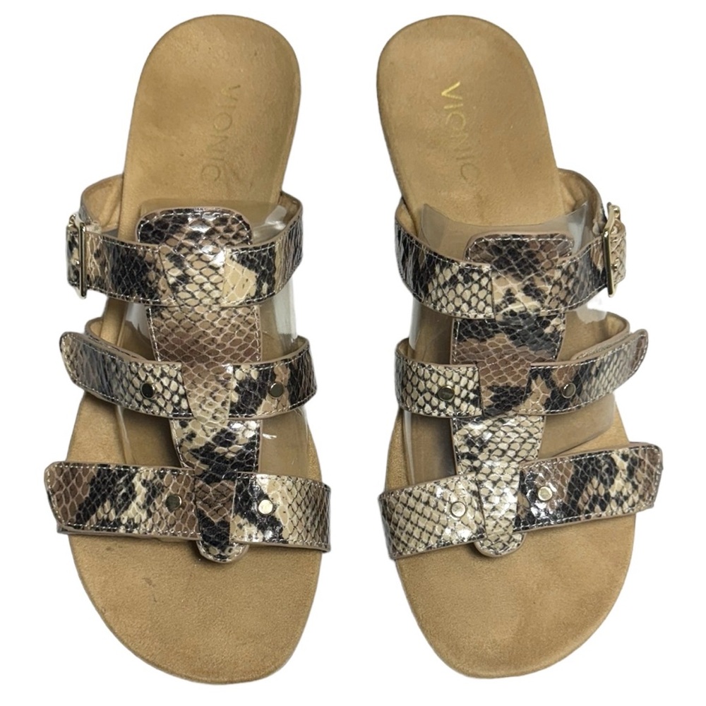 Vionic Radia Three Strap Reptile Embossed Faux Leather Sandals Size 10